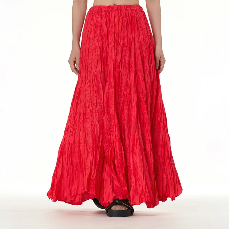 Elegant Drape Crumpled Skirts Women Summer Elastic Waist Big-Hem Long Skirts Large Size Loose Umbrella Skirts Female Streetwear